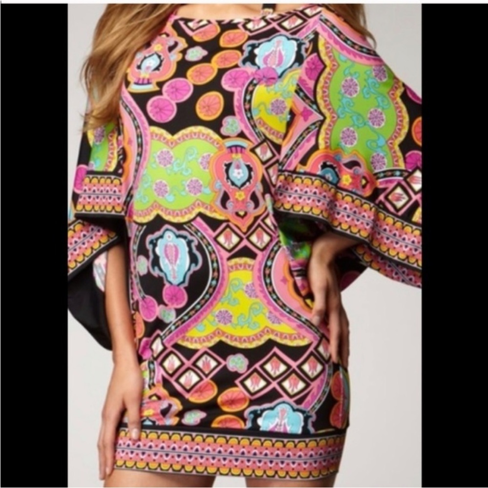 TRINA TURK mini dress bathing suit cover up flare sleeves pink green size small